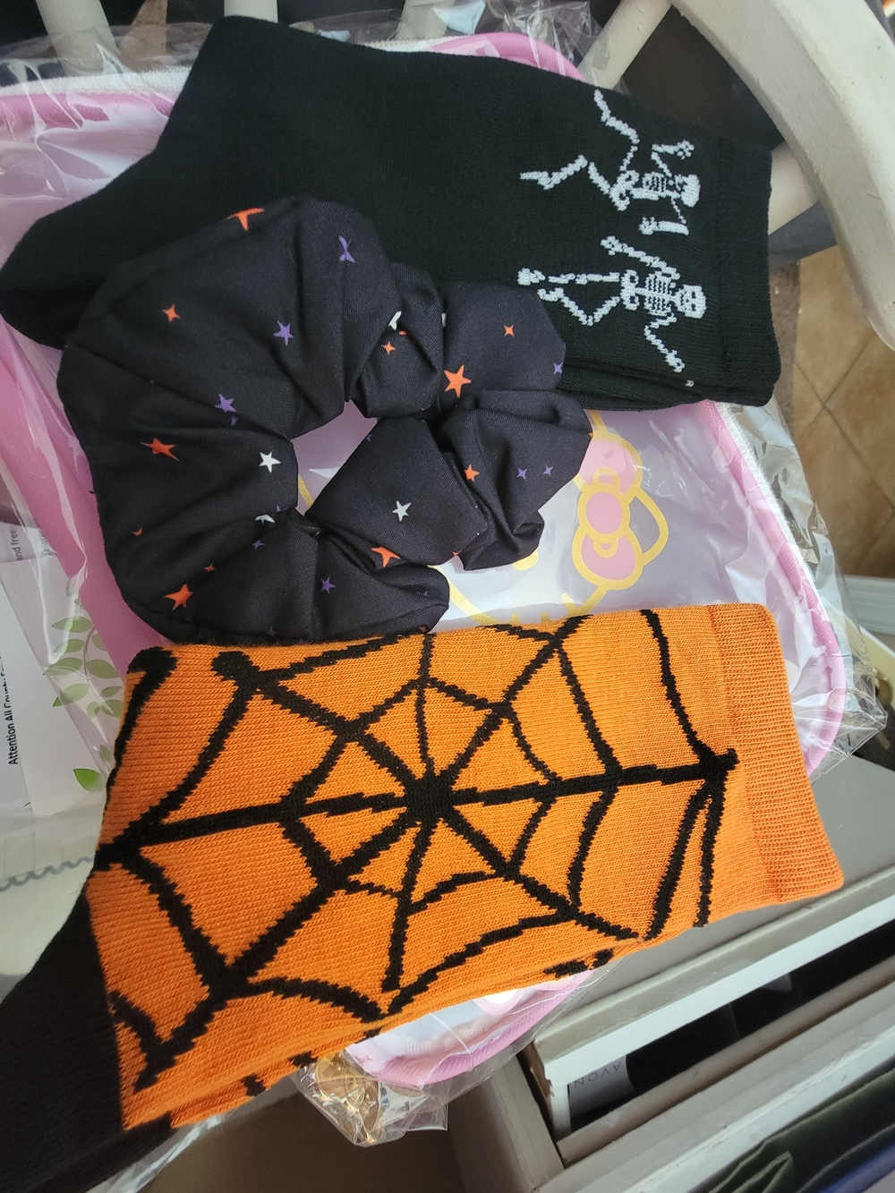 Halloween Spiderweb Knee-High Socks and Scrunchie Set - Orange & Black-size 6-1